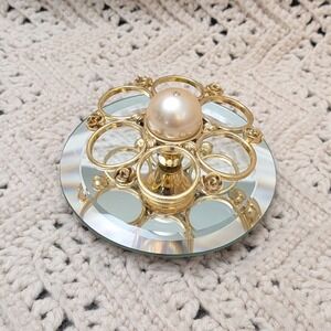 Vintage Irice Gold Filigree Revolving Lipstick Holder Faux Pearl Mirror Base